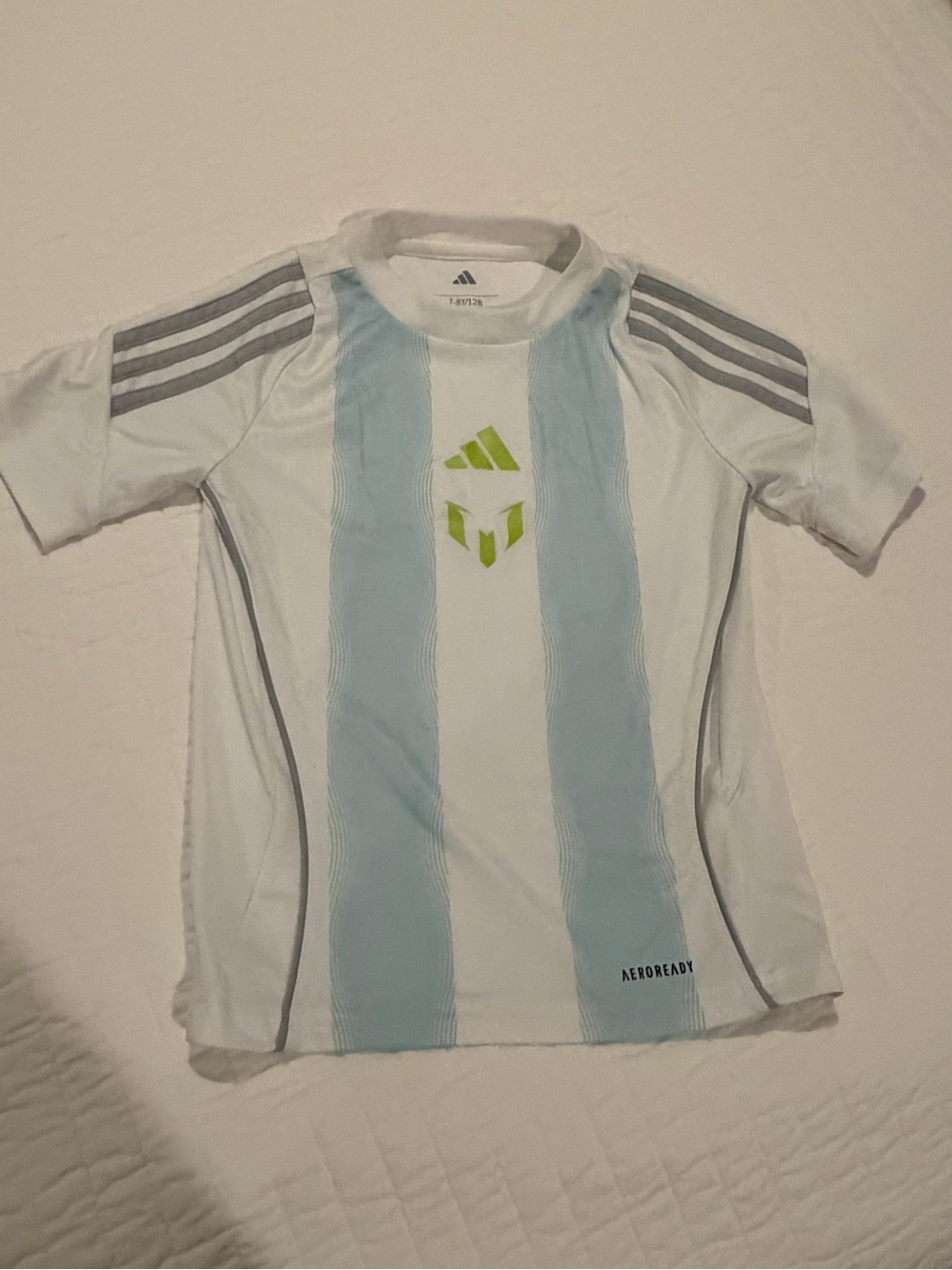 adidas White & Light Blue Striped Kids Soccer Top